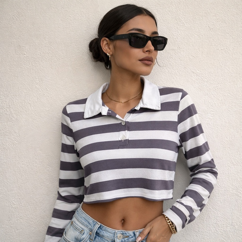 Cropped Long Sleeve Polo Shirt by Gaze Purple & White Striped XS